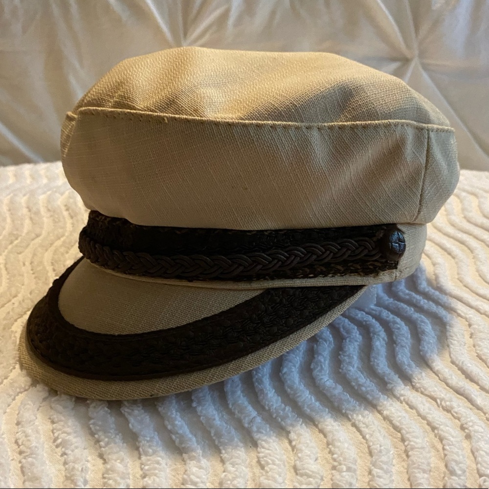 Vtg Women's Sz M United Hatters Cap & Millinery Works Nautical Tan w Brown Braid